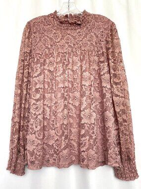Cable & Gauge Mauve Floral Lace Blouse Romantic Boho Mock Neck Lined Top 1X